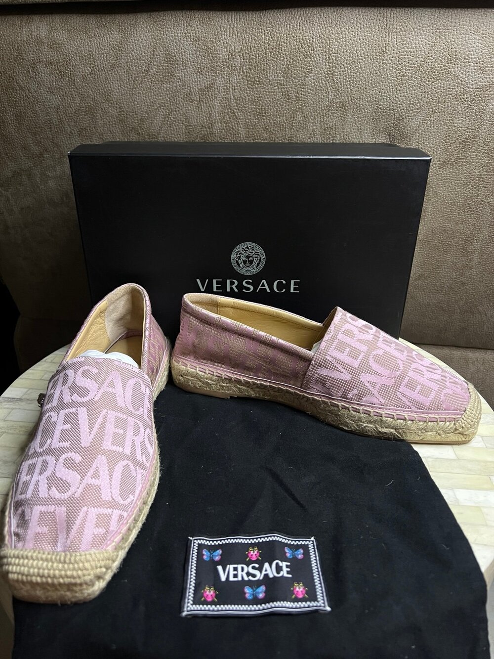 Versace Allover Logo Canvas Espadrilles in a peppy pink hue